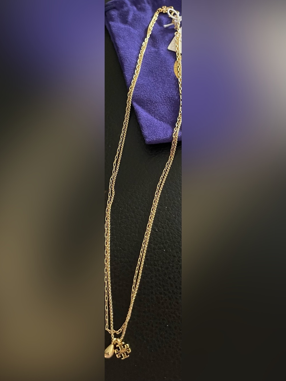 Tory Burch Gold Double-Layer Logo and Teardrop Necklace